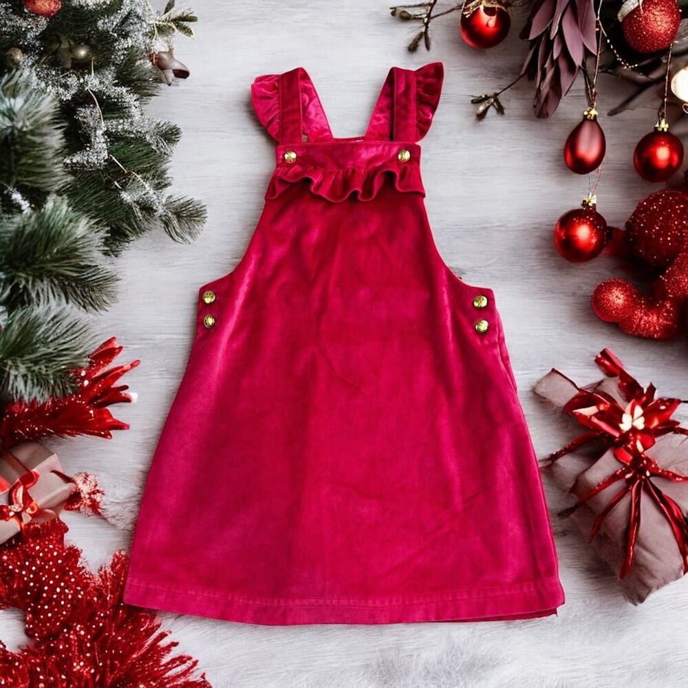 Tahari Red Velour Jumper Dress Sz 8 Gold Snowflake Buttons Ruffled Straps